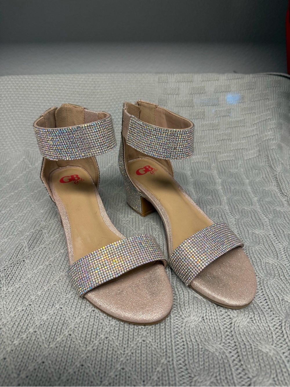 GB girls Glitter Rhinestone Ankle-Strap Block Heels in Pink